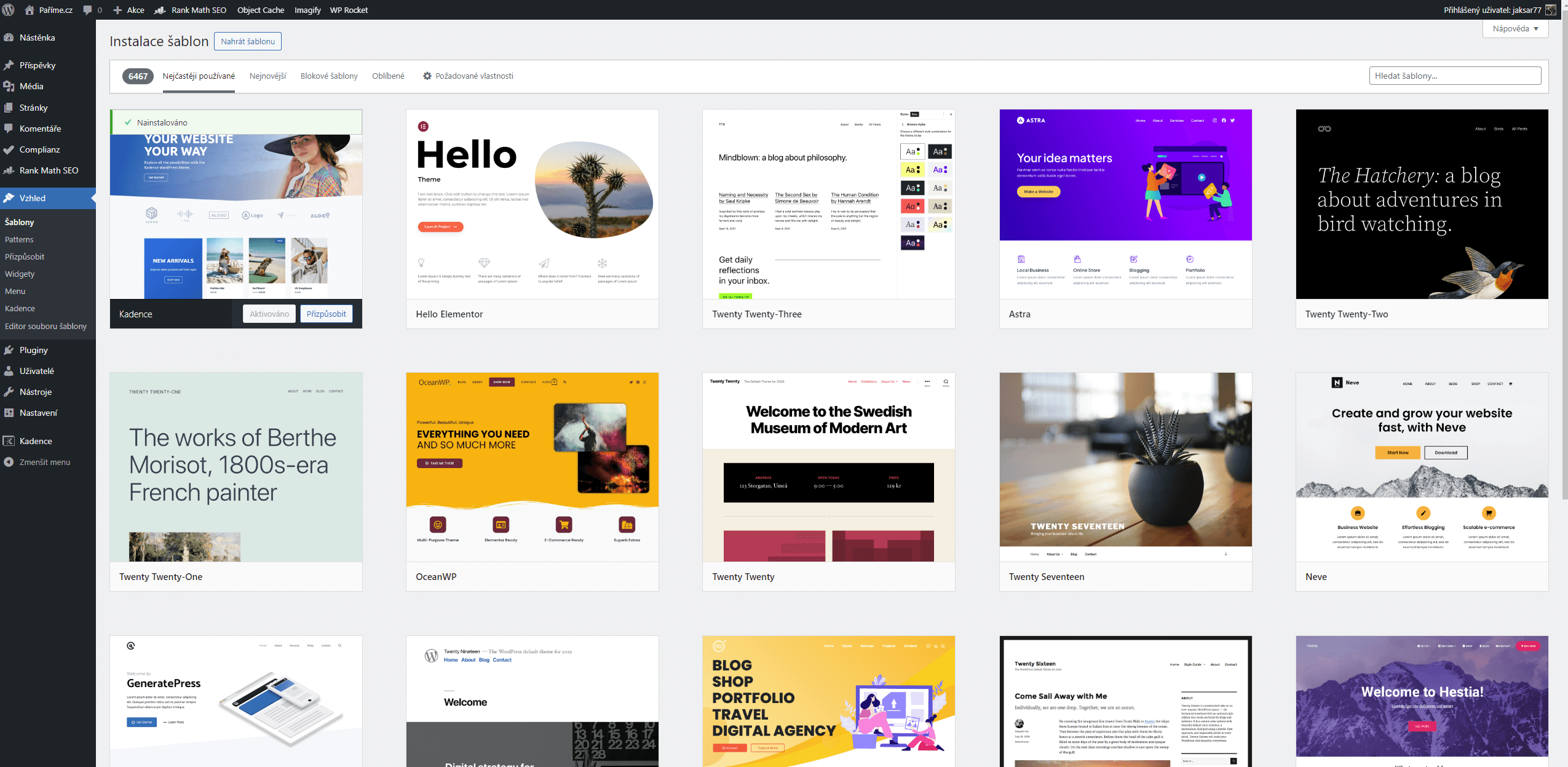 Výběr šablony na wordpressu